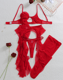 Rose Appliqué Sheer Mesh Ruffle Lingerie Set