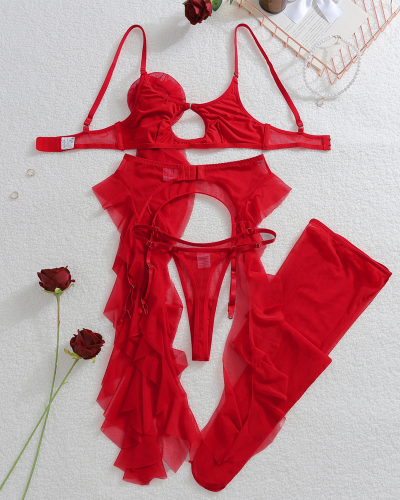 Rose Appliqué Sheer Mesh Ruffle Lingerie Set
