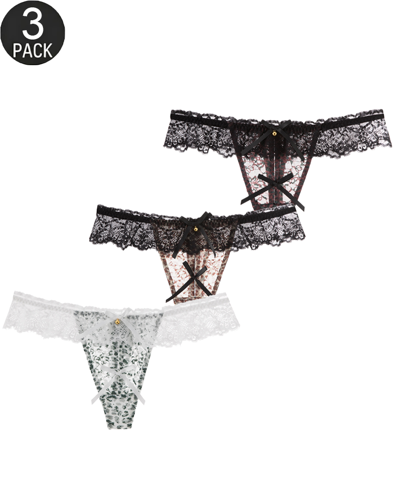 3-Pack Sexy Leopard Print Lace Trim Bell-Decorated Thongs
