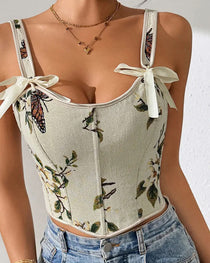 French Style Bow Lace-Up Floral Sexy Body Shaper Women's Sling Printed Slim-Fit Vest Corset