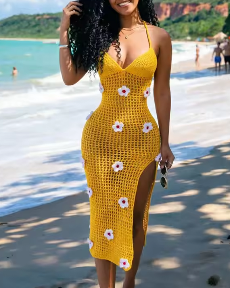 Women’s Knitted Crochet Spaghetti Strap Slit Beach Maxi Dress Main image