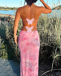 Sexy Halter Tie Backless Butterfly Detail Printed Bodycon Dress