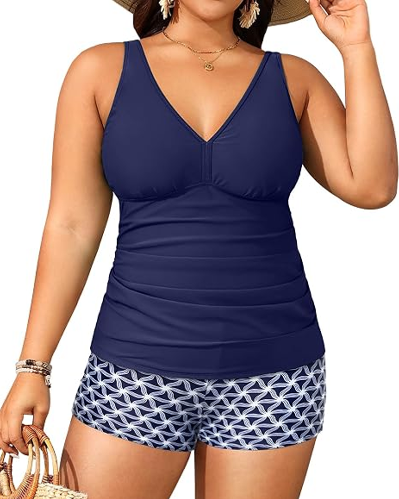 Plus Size Solid Color Two-Piece Boyshort Bikini Set