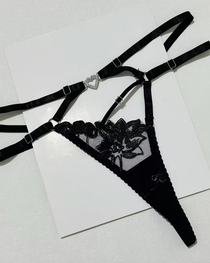 Sexy Embroidered Cutout Rhinestone Heart Halter Lingerie Set