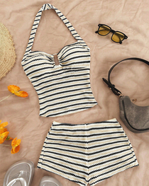 Sexy Beach Vacation Striped Halter Bikini Set