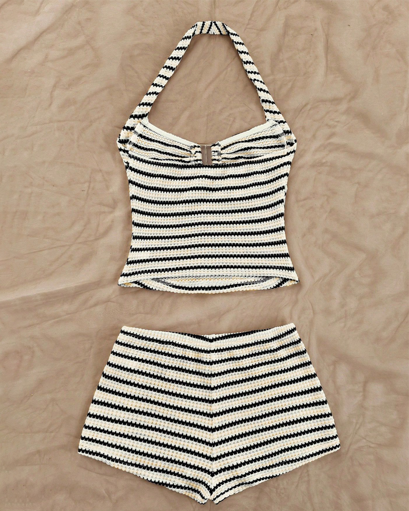 Sexy Beach Vacation Striped Halter Bikini Set