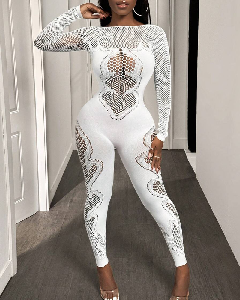 Lace mesh hollow-out high-stretch sheer jumpsuit Main image