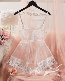 Pure White Sheer Mesh Fringe Lace Embroidered Nightgown