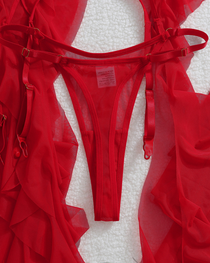 Rose Appliqué Sheer Mesh Ruffle Lingerie Set