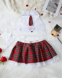 Sexy Sheer Mesh Plaid Schoolgirl Role-Play Lingerie Set