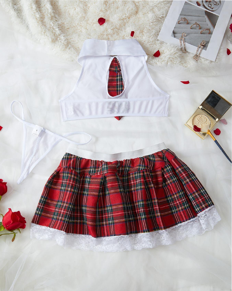 Sexy Sheer Mesh Plaid Schoolgirl Role-Play Lingerie Set