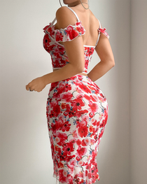Sexy Floral Print Bodycon Sheer Maxi Skirt Set
