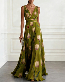 Tulip Print Chiffon Sleeveless V-Neck Maxi Dress