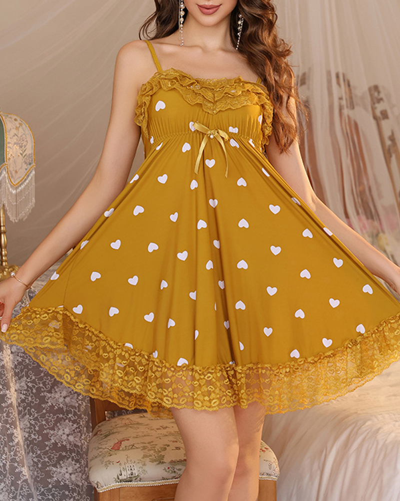 Lace-Trimmed Cotton Heart Print Lounge Nightdress