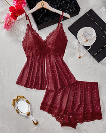 Sheer Mesh Lace Polka Dot Pajama Set