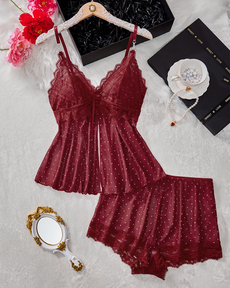 Sheer Mesh Lace Polka Dot Pajama Set