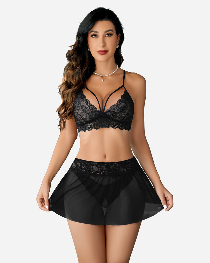 3 Piece Sets Lace Bralette, Skirt with Panty Secondary image