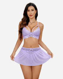 3 Piece Sets Lace Bralette, Skirt with Panty