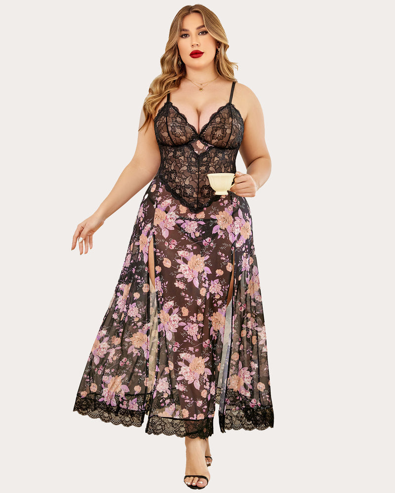 Plus Size Floral Side Slits Nightdress Secondary image