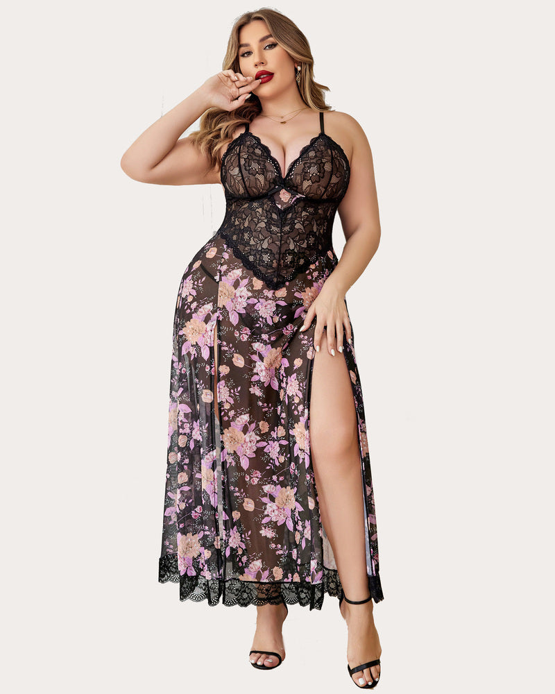 Plus Size Floral Side Slits Nightdress Main image