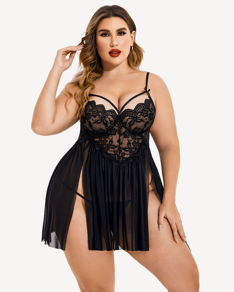 Plus Size V Neck Mesh Side Slit Babydolls Secondary image