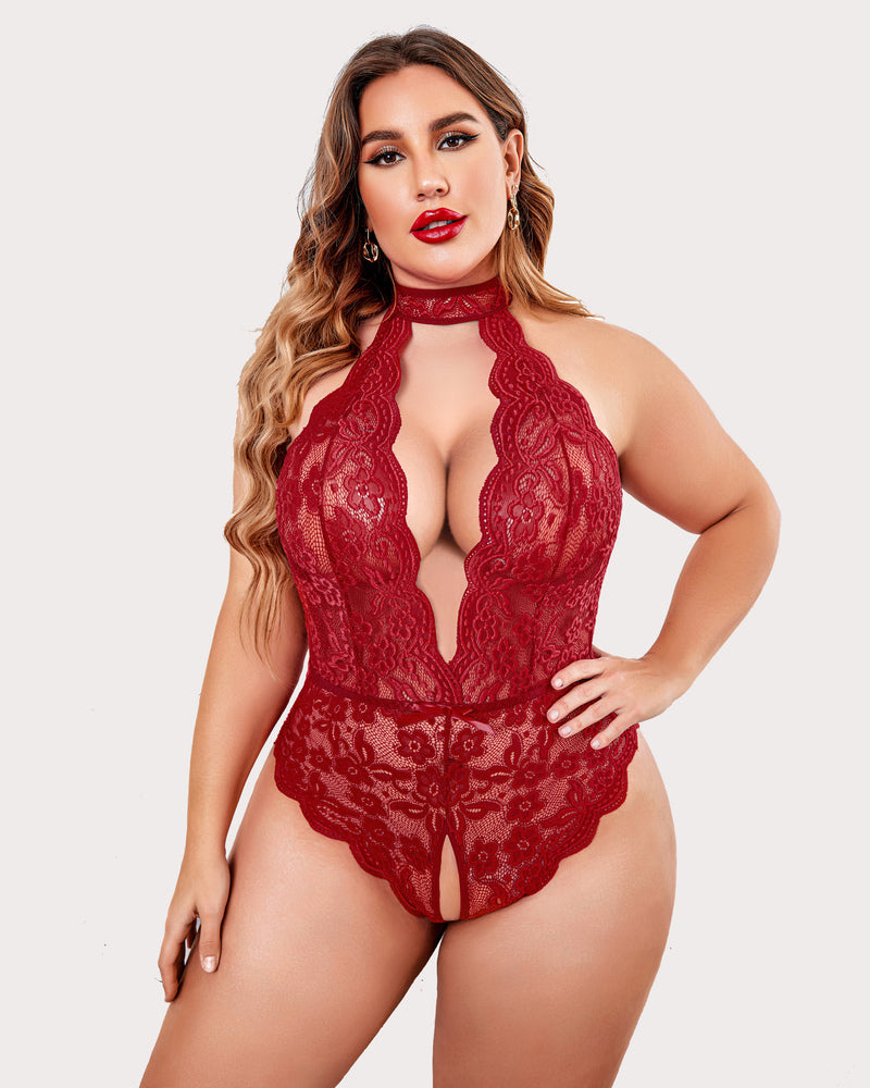 Plus Size Lace Halter Teddy Main image