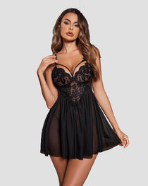 V Neck Strap Mesh Side Slit Nighty