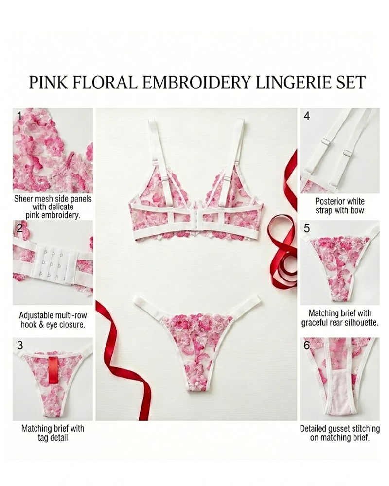 Sweet Floral Embroidered Lingerie Set