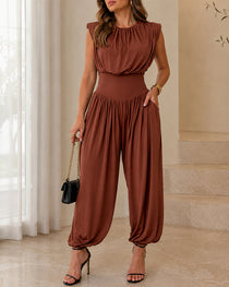 Casual Sleeveless Cinched Waist Side High Slit Overalls