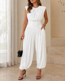Casual Sleeveless Cinched Waist Side High Slit Overalls