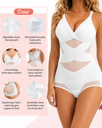 Sexy Deep V Cross Mesh Breathable Tummy-control Bodysuit Shapewear