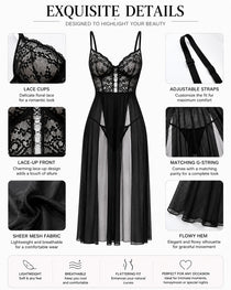 Sexy Deep V Lace See-through Mesh High Slit Long Nightgown
