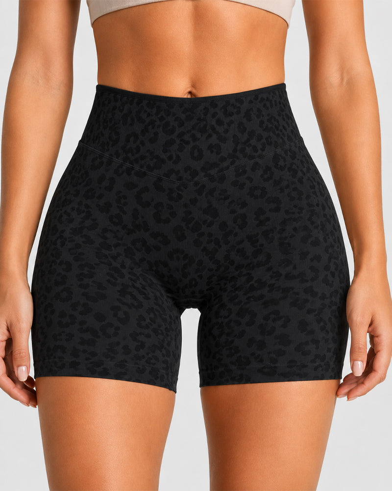 High Elasticity Seamless Tummy Control Leopard Yoga Shorts