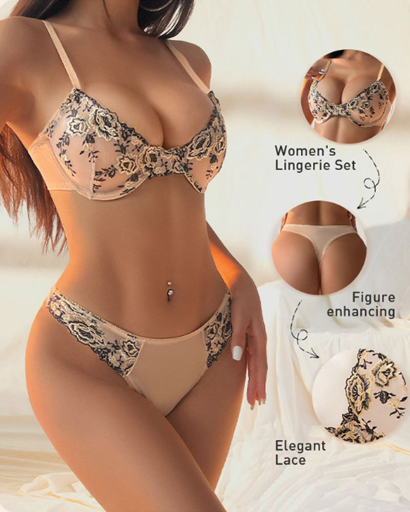 Sexy French-style Ultra-thin Push-up Floral Embroidered Mesh See-through Lingerie Set Secondary image