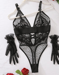 Sexy Polka Dot Lace Stitching Low-Cut Sexy Bodysuit