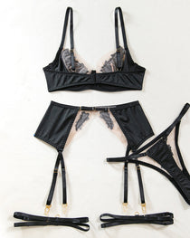Sexy See-through Mesh Floral Embroidery Patchwork Push-up Bra and Thong Lingerie Set