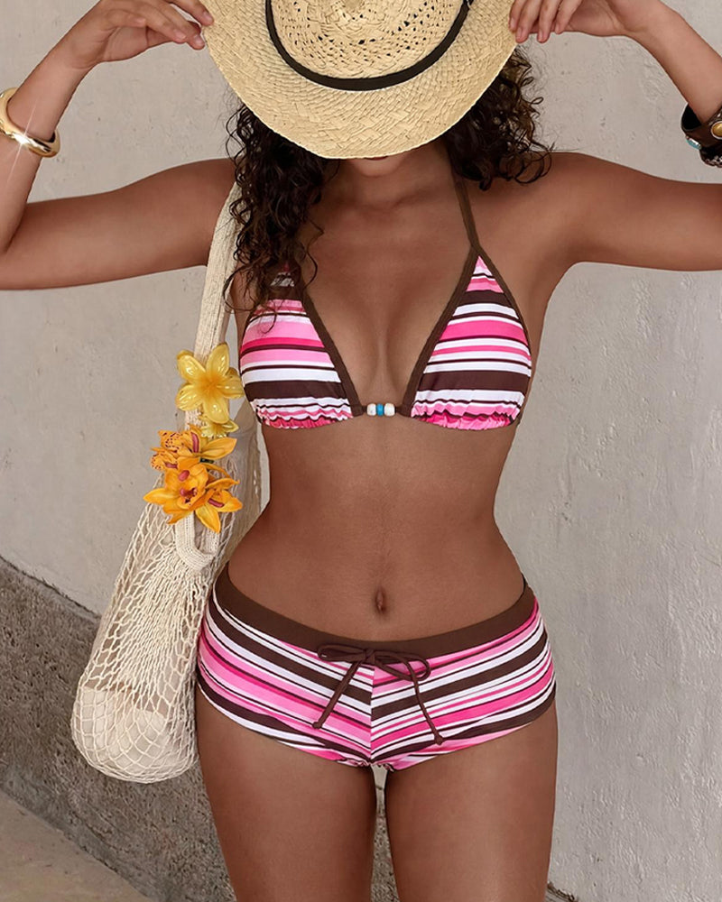 Beach Colorblock Striped Print Bikini Set Secondary image