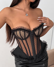 Polka Dot Lace Fishbone Underwire Lace-up See-through Sexy Strapless Top