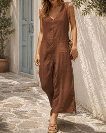 Casual Cotton Linen Deep V Button Sleeveless Wide-leg Jumpsuit