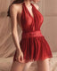 Sexy Deep V Halter Neck Backless Mesh Lace Nightgown