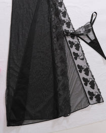 See-through Mesh Sexy High-slit Chemise Long Nightgown Set