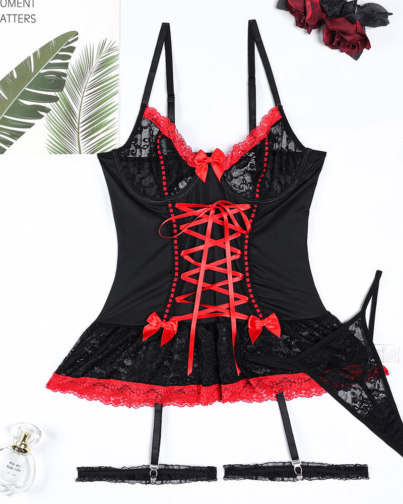 Gathered Contrast Color Sexy See-Through Lace Bow With Leg Cover Pajamas Set