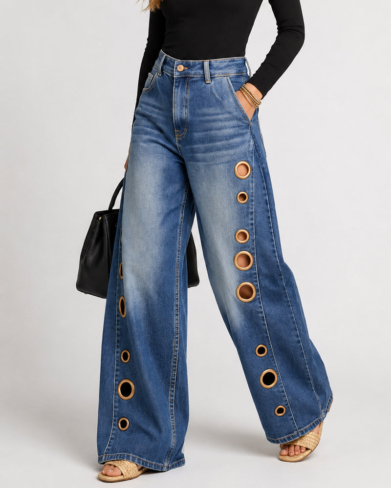 Casual Loose Metal Perforations High Waist Wide-leg Washed Jeans Secondary image