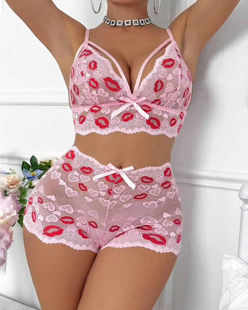 Valentine's Day Heart-Embroidered Lips Lace See-Through Lingerie Set Secondary image