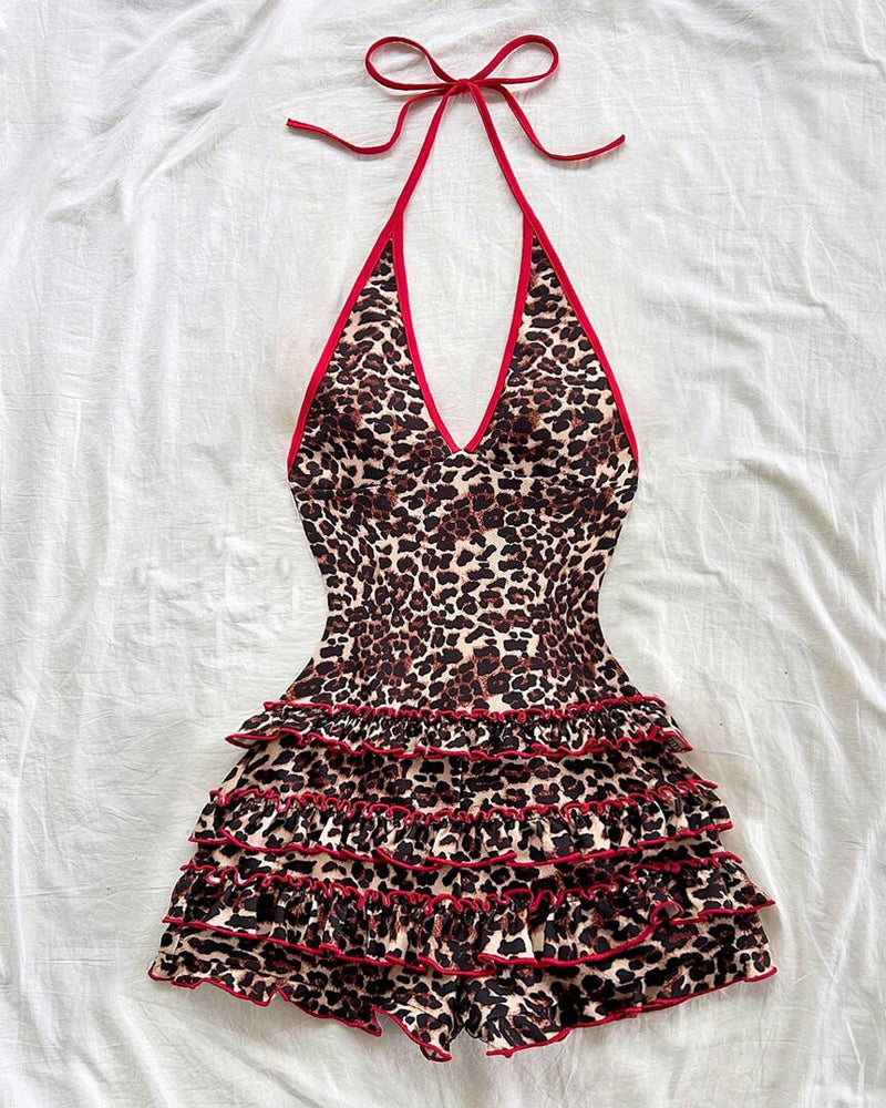 Women's Retro Leopard Print V-Neck Backless One-piece Swimsuit Secondary image