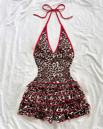 Women's Retro Leopard Print V-Neck Backless One-piece Swimsuit