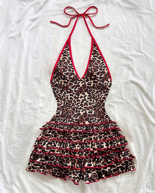 Women's Retro Leopard Print V-Neck Backless One-piece Swimsuit