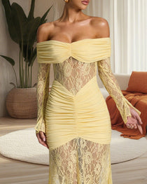 Sexy Lace Off-shoulder Fitted Long-sleeved Fishtail Maxi Dress