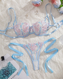 Sexy Flower Embroidered Mesh Lace Gathered Bra Set