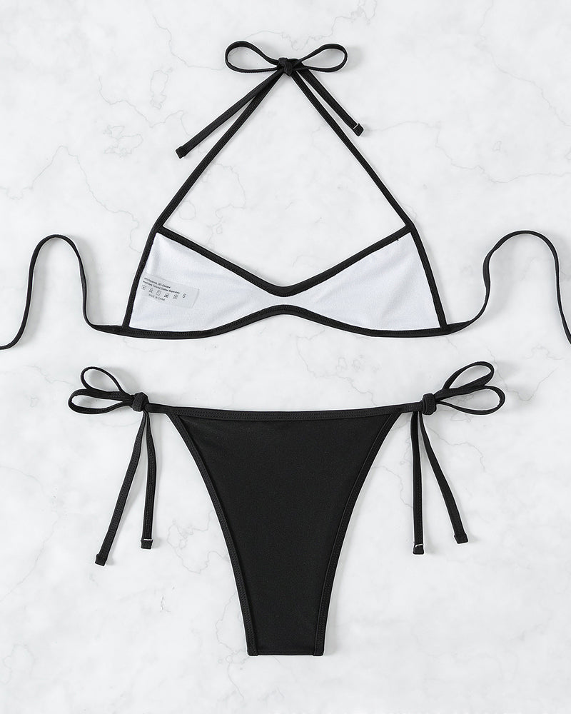 Sexy Solid Color Halter Neck Mini Pleated Beach Bikini